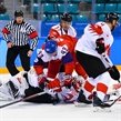 GANGNEUNG, SOUTH KOREA - FEBRUARY 24: Czech Republic's Jan Kovar #43 collides with Canada's Kevin Poulin #31 with Chris Lee #4 and Mat Robinson #37 looking on during bronze medal round action at the PyeongChang 2018 Olympic Winter Games. (Photo by Matt Zambonin/HHOF-IIHF Images)

